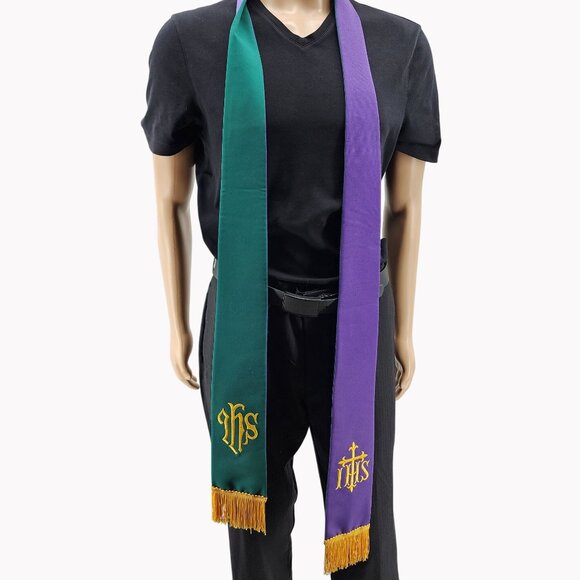 Abbott Hall 88in Reversible Purple Green IHS Clergy Stole Embroidered Vestment - Picture 1 of 6